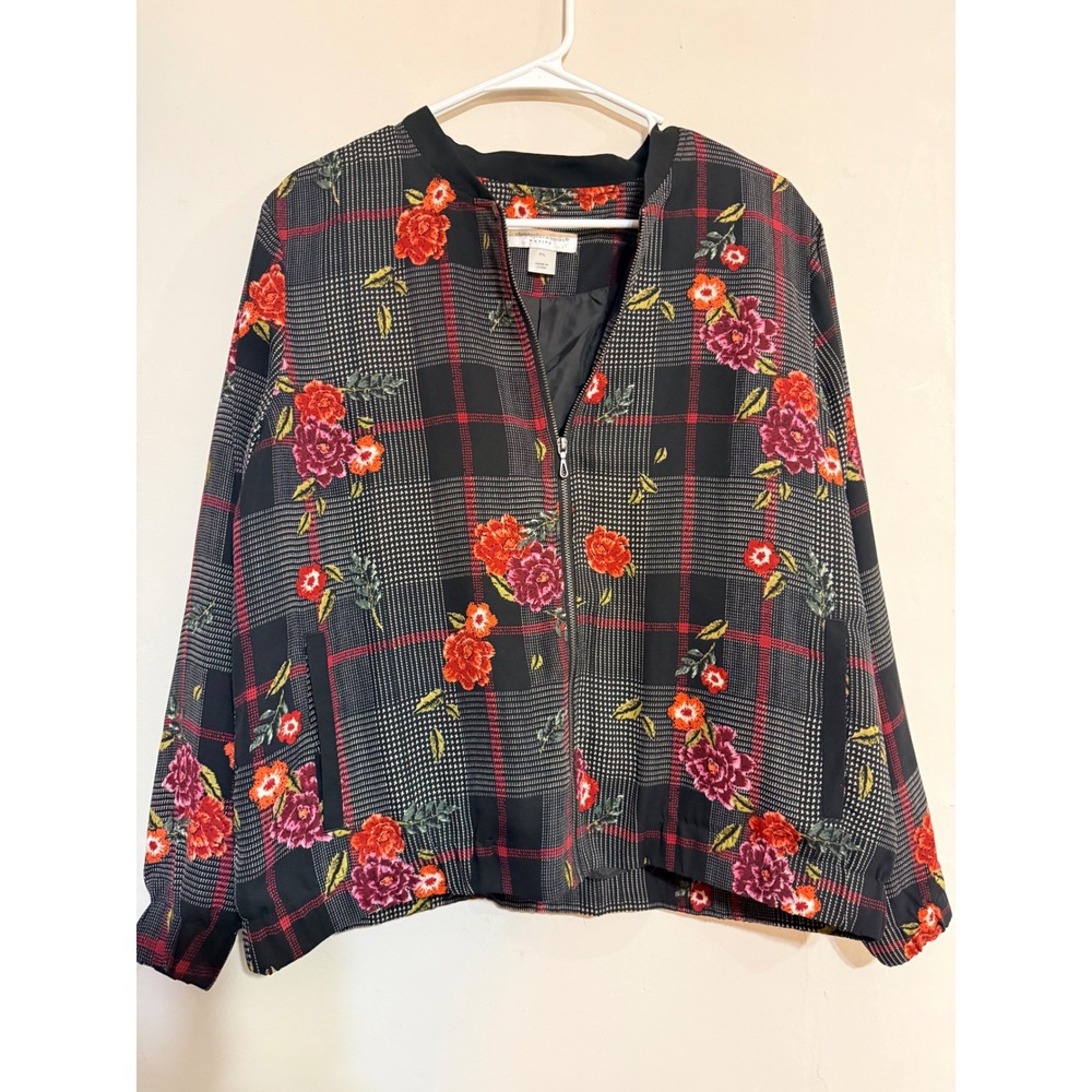 Christopher & Banks Petite Bomber Jacket Floral Plaid Women's P/L Dark Floral